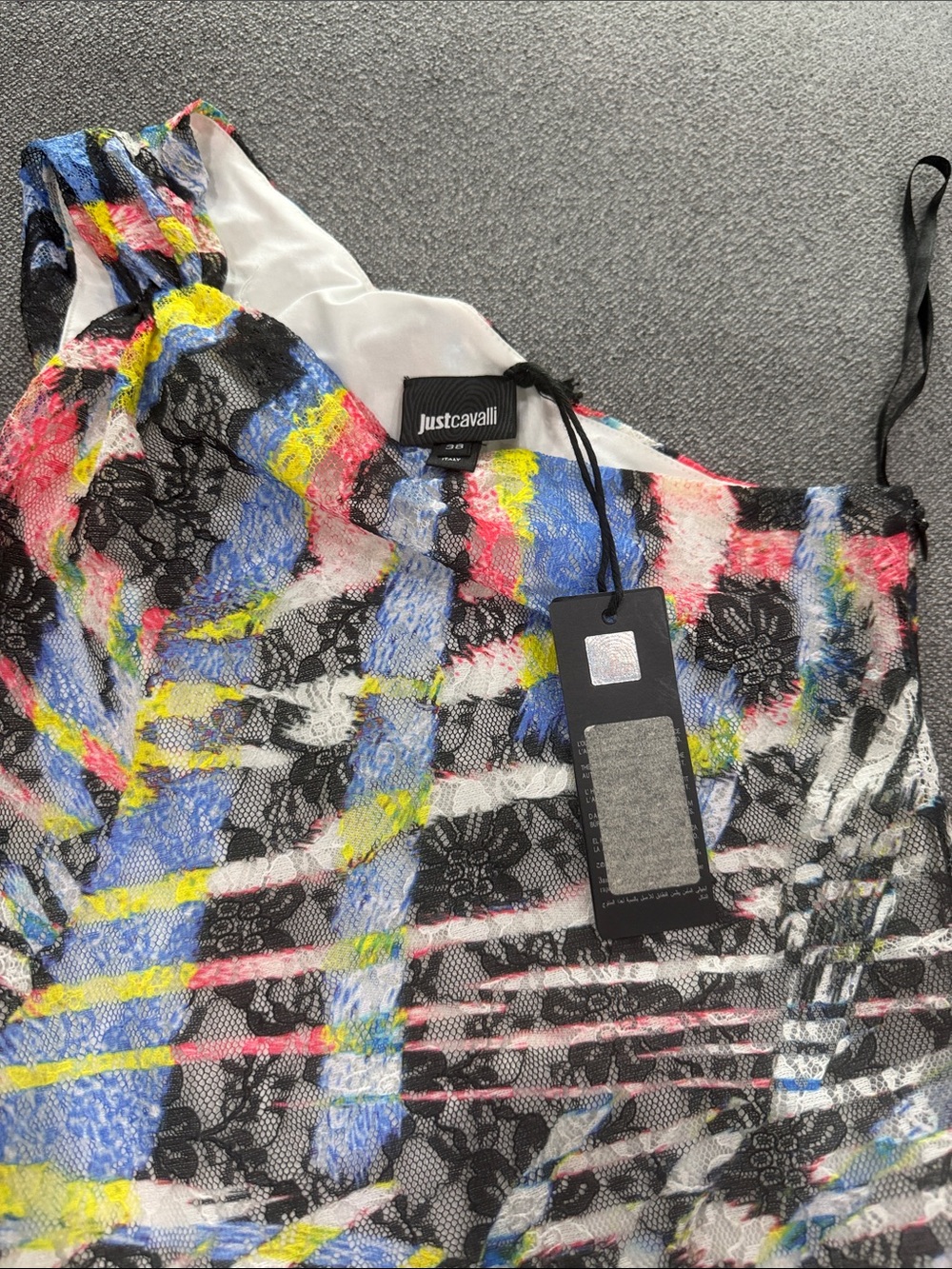 Just Cavalli One-Shoulder Lace Dress in Black, Blue, Yellow, Pink